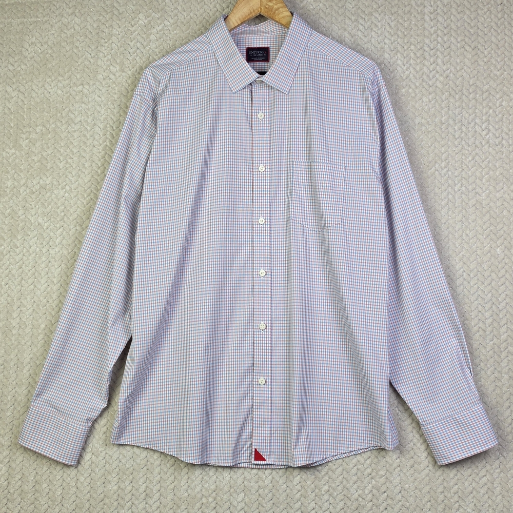 Untuck It Long Sleeve Button Down Shirt Mens XL White w Red and Blue Lines Check